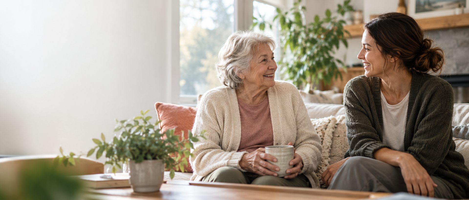 A caregiver sharing a warm moment with an older adult at home